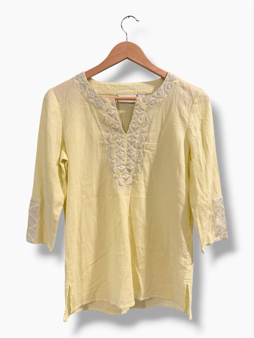 Chico’s Yellow Embroidered Tunic Size 0 (US S) Gauze Cotton Metallic Casual Boho